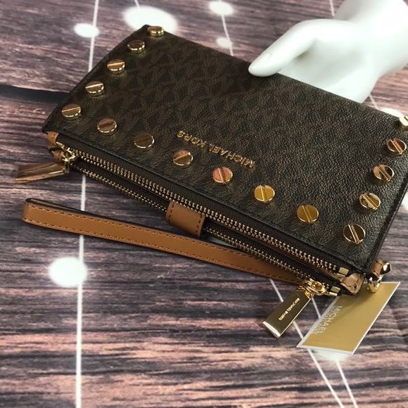 🤎NEW MICHAEL KORS 🤎 BROWN STUDDED DOUBLE ZIP - Picture 10 of 13